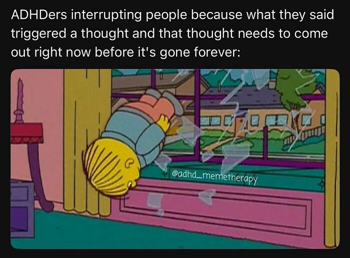 Cartoon character crashing through a window, depicting a relatable ADHD moment of impulsive thought sharing.