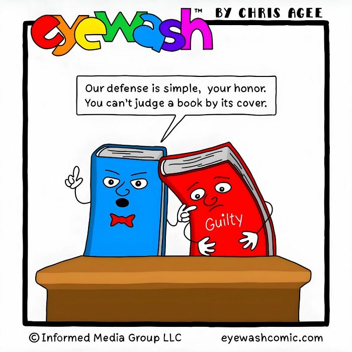 Single-panel comic by Chris Agee showing two talking books with bold art and a witty courtroom punchline.