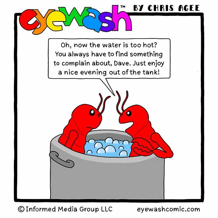 Single-panel comic by Chris Agee shows two lobsters in a pot with bold art and quick-witted punchlines.