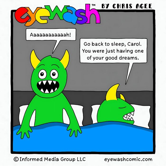 Single-panel comic by Chris Agee featuring bold art of monsters in bed with quick-witted punchlines about dreams.