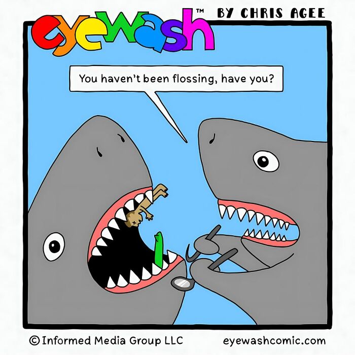 Single-panel comic by Chris Agee showing sharks with bold art and a quick-witted punchline about flossing.