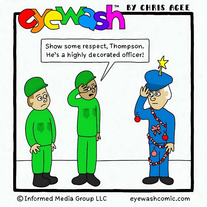 Single-panel comic by Chris Agee showing soldiers with bold art and a soldier decorated like a Christmas tree.