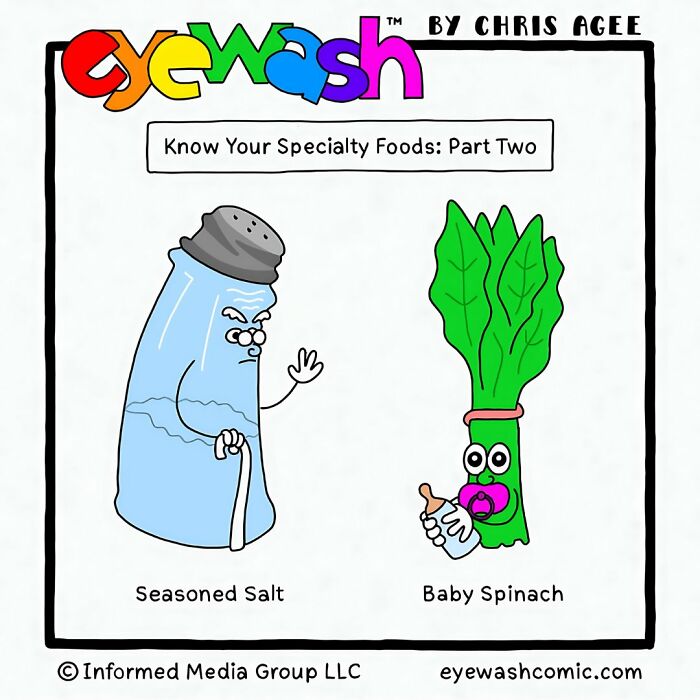 Single-panel comic by Chris Agee featuring bold art with seasoned salt and baby spinach characters delivering quick-witted punchlines.