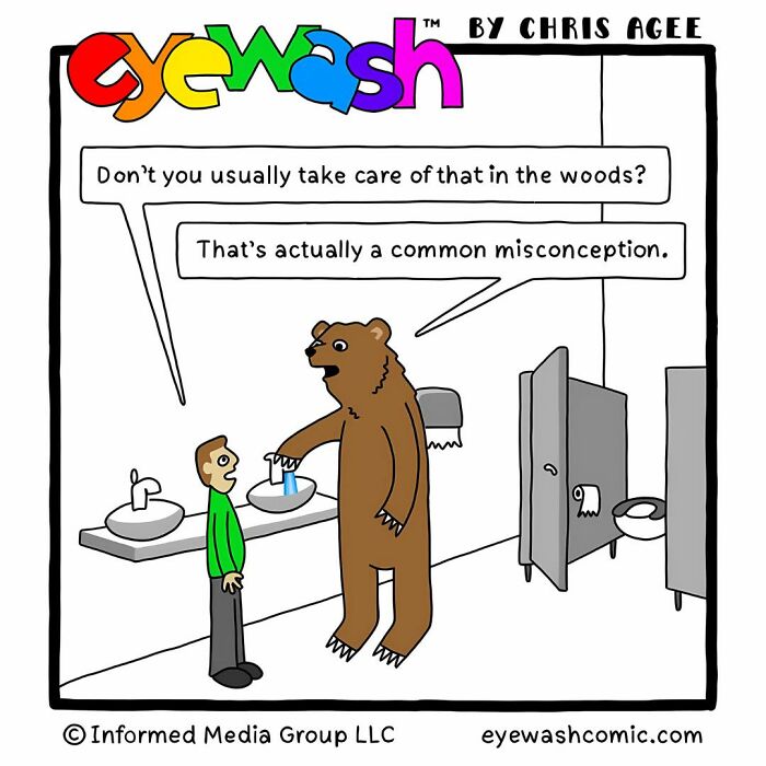 Single-panel comic by Chris Agee shows a bear washing its paws in a bathroom, featuring bold art and witty dialogue.