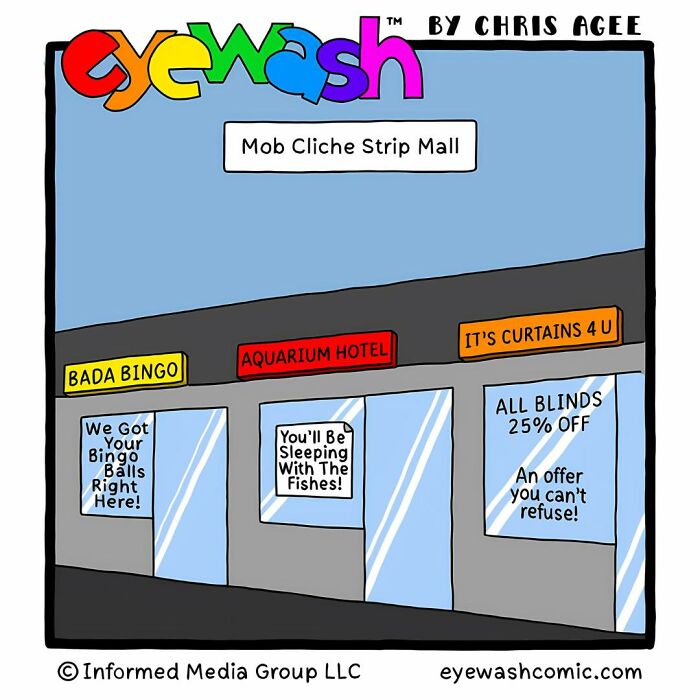 Single-panel comic by Chris Agee showing a strip mall with bold art and quick-witted punchlines.