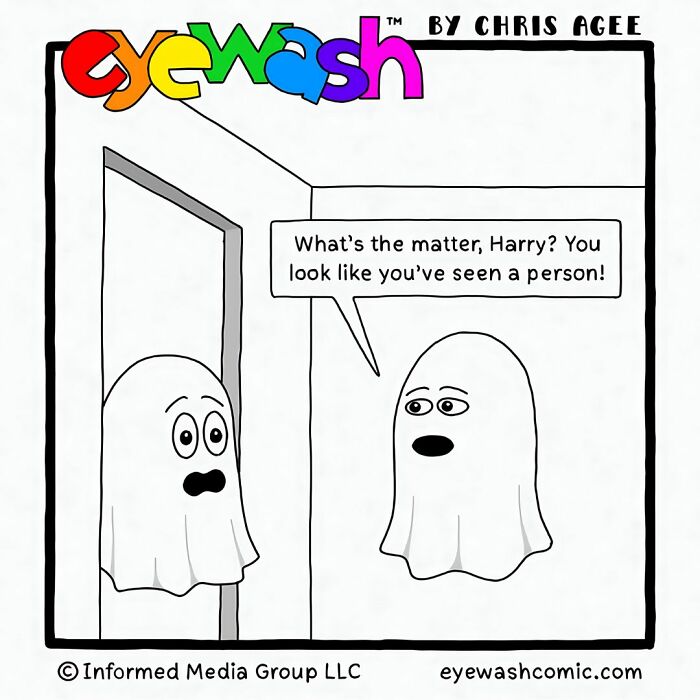 Single-panel comic by Chris Agee featuring bold art with two ghost characters and a witty punchline about seeing a person.