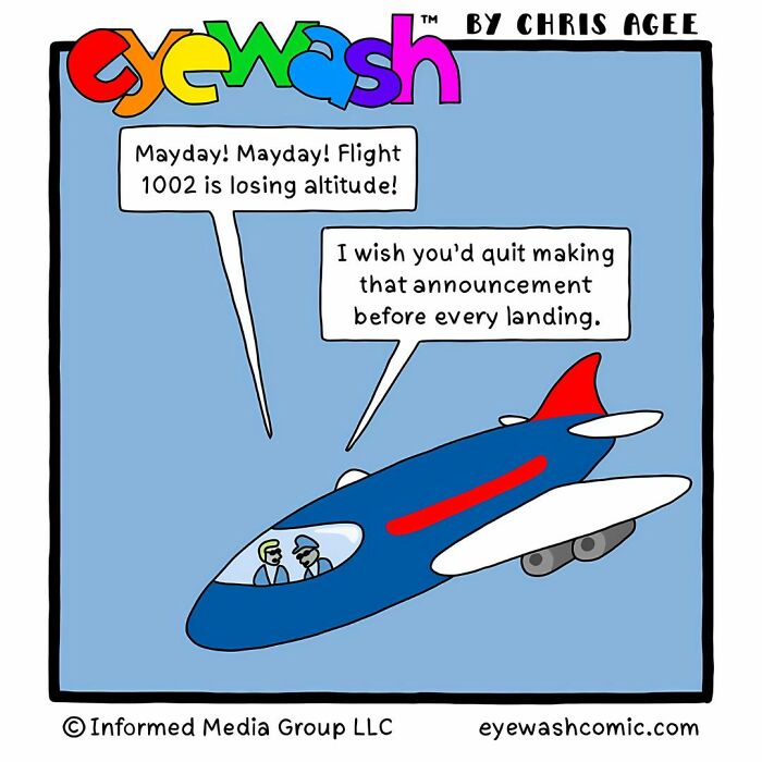 Single-panel comic by Chris Agee showing pilots in a plane with bold art and quick-witted punchlines.