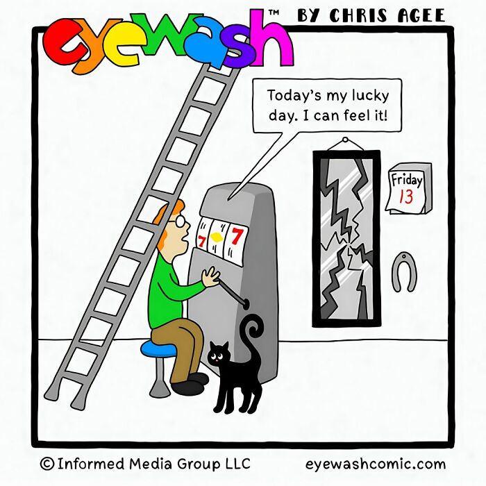 Single-panel comic by Chris Agee shows a man playing a slot machine on Friday 13th with bold art and witty punchline.