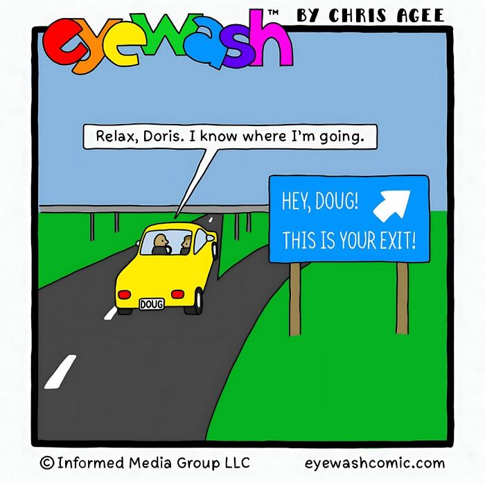 Single-panel comic by Chris Agee shows a yellow car on a road with bold art and quick-witted punchlines.