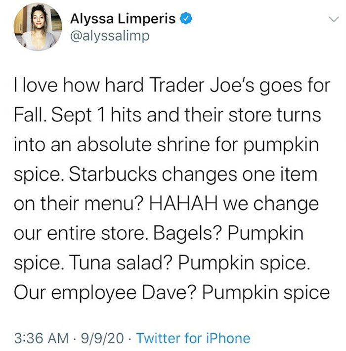 Trader Joe's humorously embracing cozy fall vibes, turning everything into pumpkin spice, even "Dave."