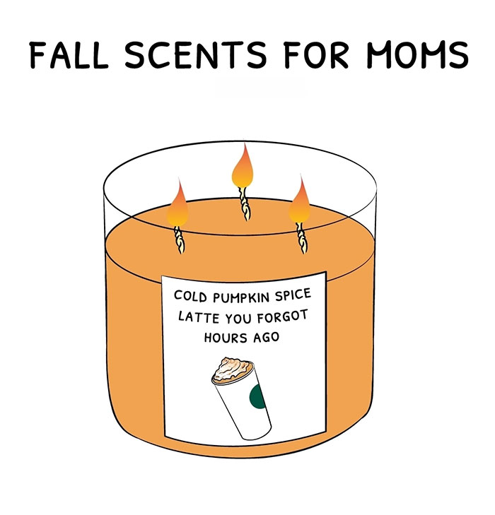 Cartoon candle labeled "Cold Pumpkin Spice Latte," titled "Fall Scents for Moms," humorously captures cozy fall vibes.
