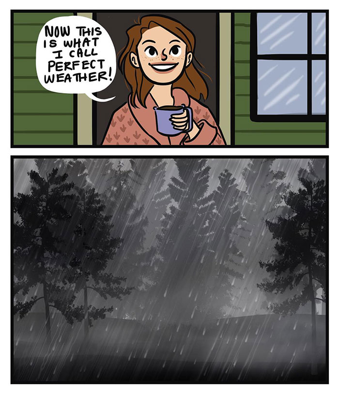 Cozy fall meme comic: person with a mug enjoying "perfect weather" above rainy, gloomy scene.