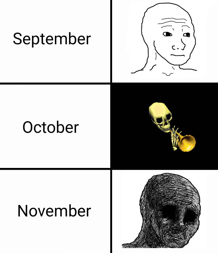 Fall meme with September neutral face, October skeleton trumpet, and November decaying face, capturing cozy seasonal shift.