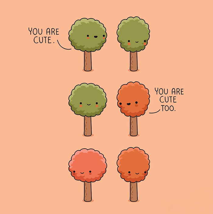 Cartoon trees in fall colors compliment each other, capturing cozy seasonal vibes in a meme.