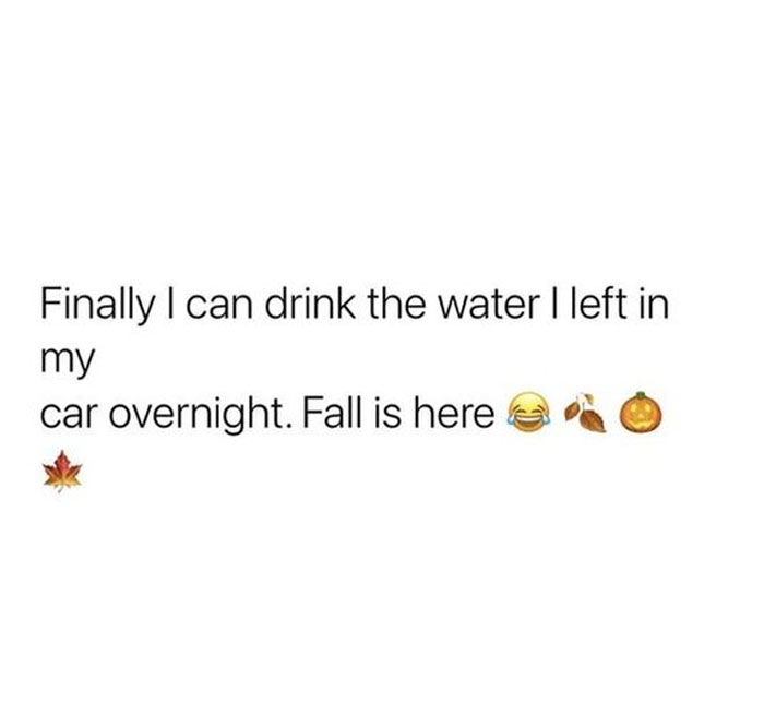 Fall meme with text about drinking water left in the car overnight, celebrating the cozy season with laughing and autumn emojis.