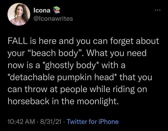 Fall meme tweet about cozy vibes, suggests embracing a "ghostly body" with a "detachable pumpkin head" for the season.