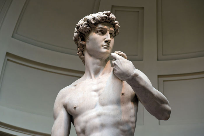 A close-up of the famous artist Michelangelo's statue, David, showcasing the detailed marble carving of the muscular torso and intense expression.