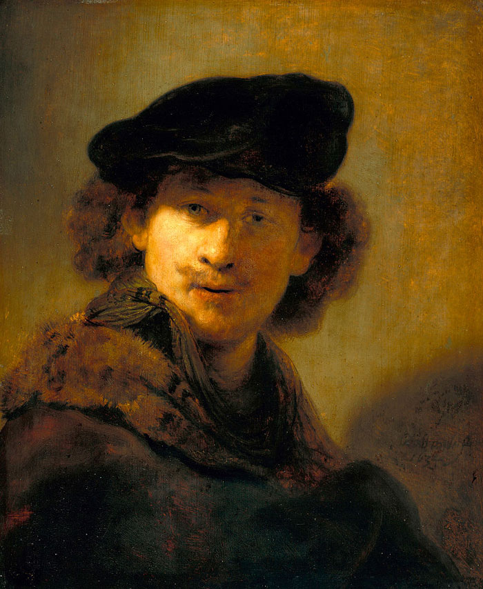 A self-portrait of the famous artist Rembrandt, wearing a dark hat and fur-trimmed coat, with a warm, golden-brown background.