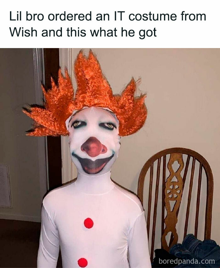 Child in a humorously low-quality clown costume, intended to resemble a famous horror character.
