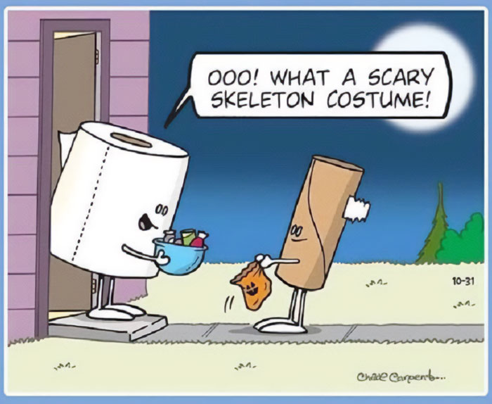 Cartoon of a tissue roll giving candy to a paper towel, humorously calling it a scary Halloween skeleton costume.