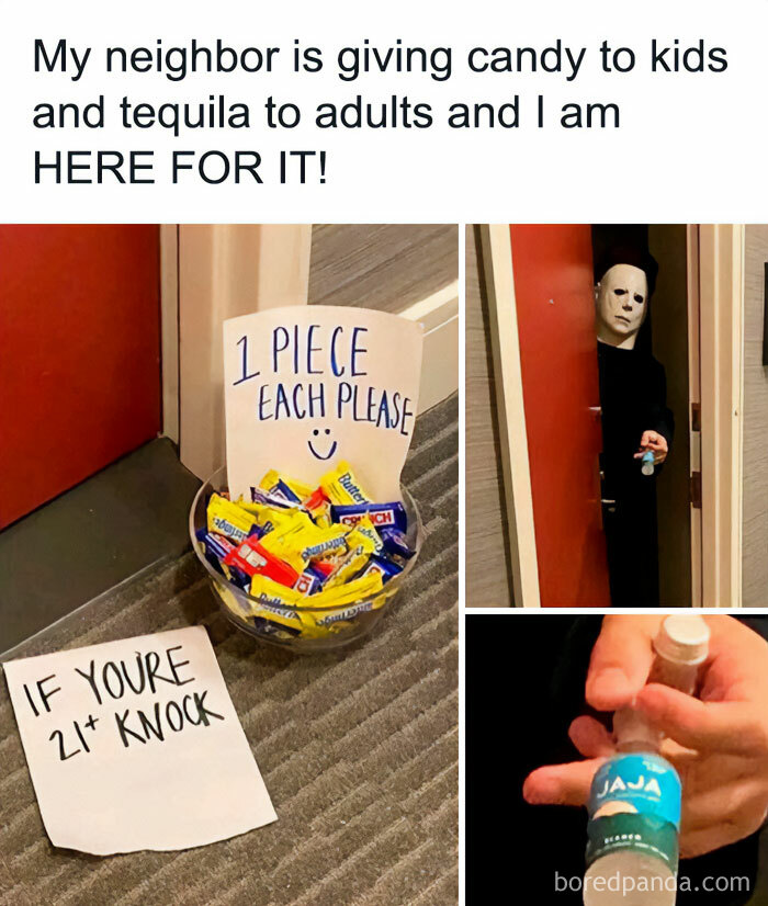 Halloween memes featuring candy for kids and tequila for adults, with a person in a mask holding a bottle at the door.