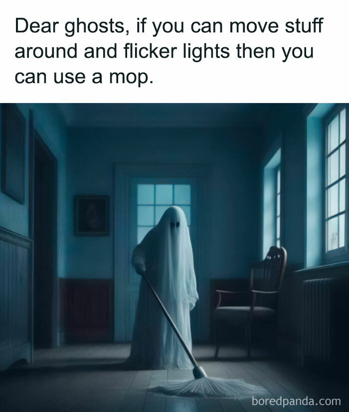 Ghost humorously mopping a hallway, adding a funny twist to Halloween memes.