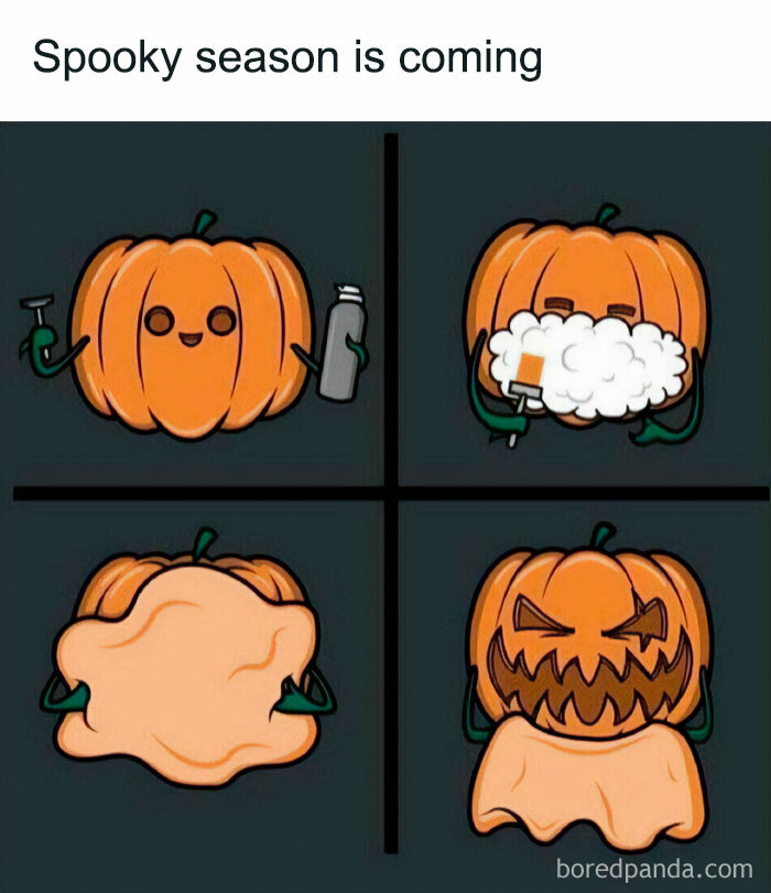 Cartoon pumpkin shaving in a comic strip, transforming into a jack-o'-lantern. Halloween memes humorously captured.