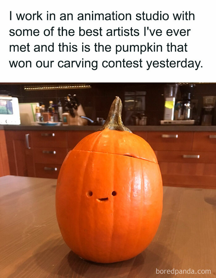 Hilarious Halloween meme with a pumpkin winning an animation studio carving contest.