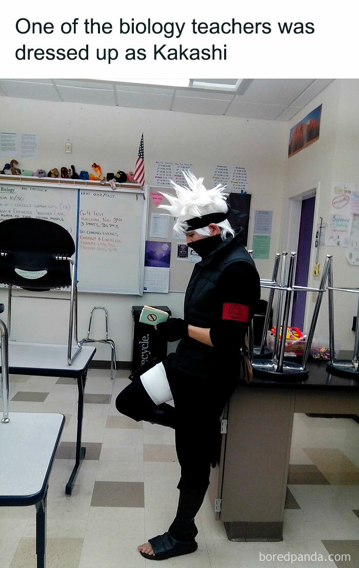 Biology teacher dressed as Kakashi in a classroom, embodying a Halloween meme that's both freakish and hilarious.