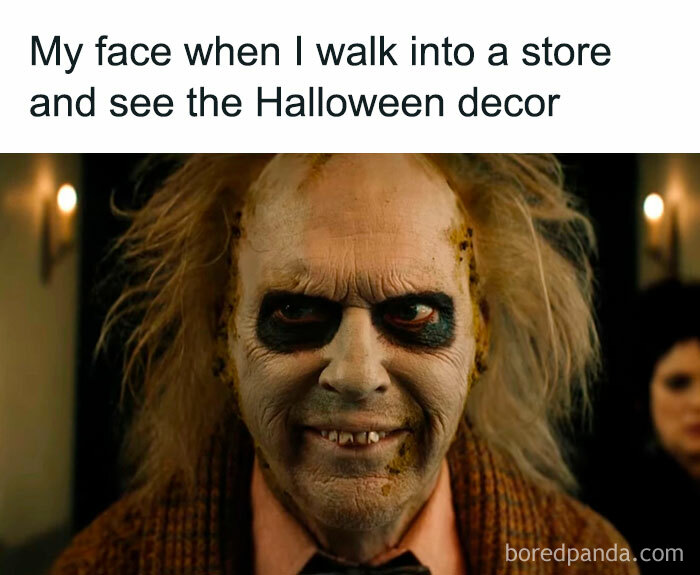 Freakishly hilarious Halloween meme featuring a spooky character with wild hair and dark eye makeup.