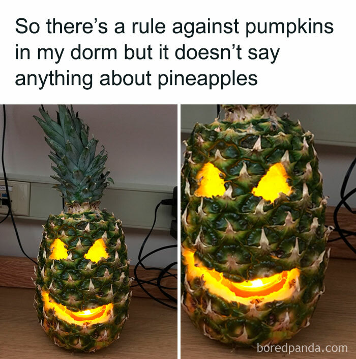 Pineapple carved like a jack-o'-lantern for a funny Halloween meme.