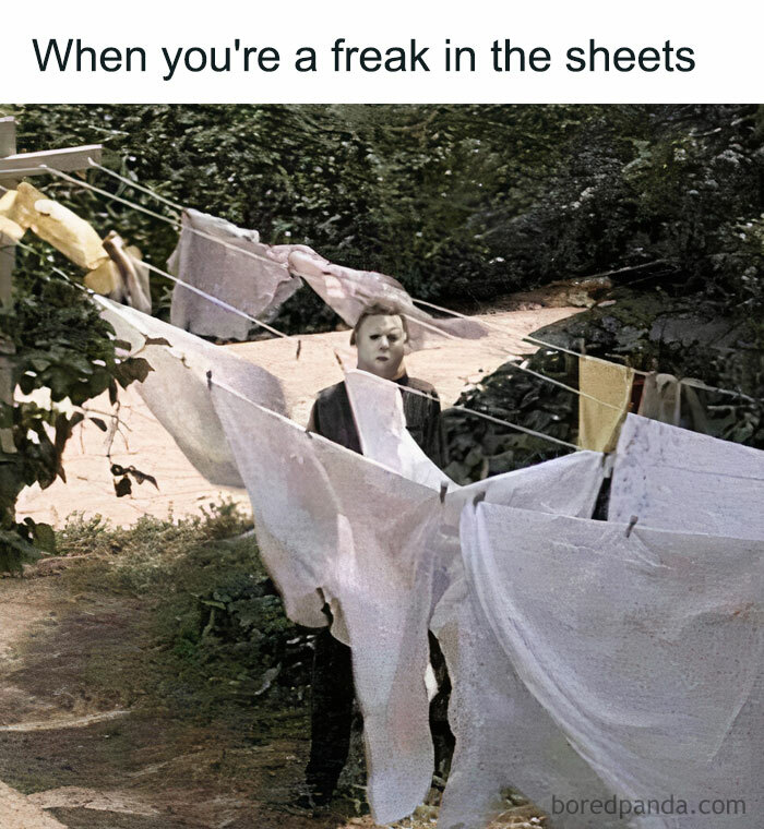 Halloween meme with a masked figure standing among laundry on a clothesline, captioned "When you're a freak in the sheets."
