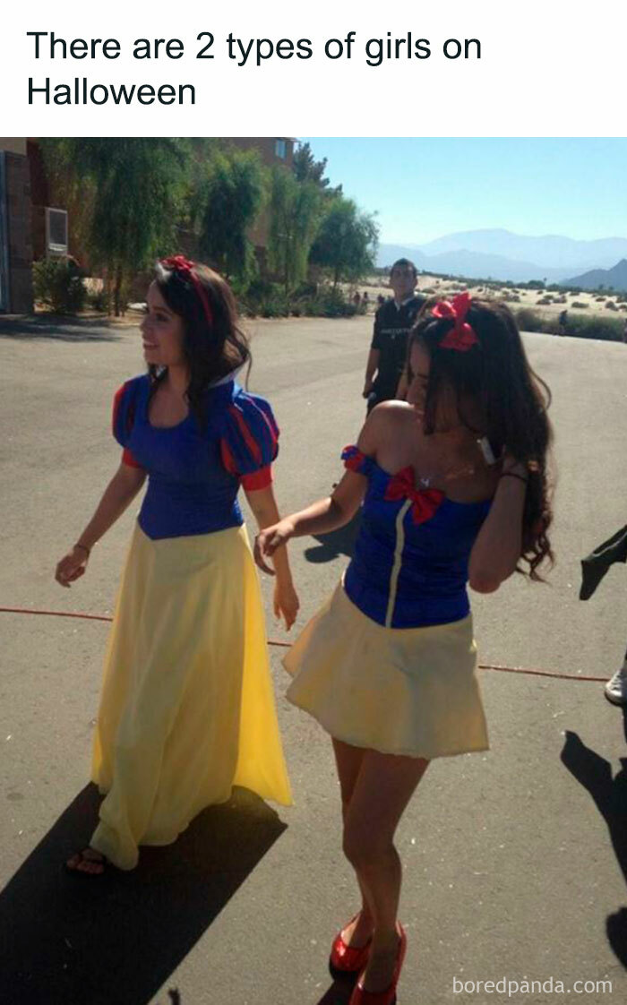 Two women in Snow White costumes, showcasing Halloween humor.