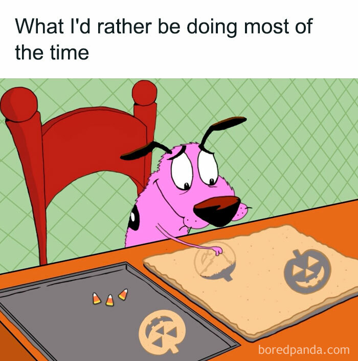 Cartoon dog making Halloween-themed cookies; a freakishly hilarious meme.