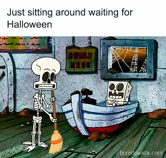 Skeletons humorously waiting for Halloween in a cartoon boat setting.