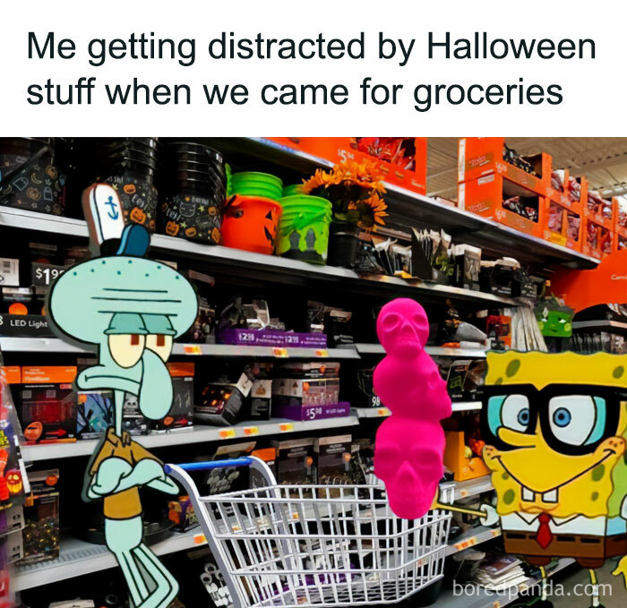 Characters distracted by Halloween items in a store aisle during grocery shopping.
