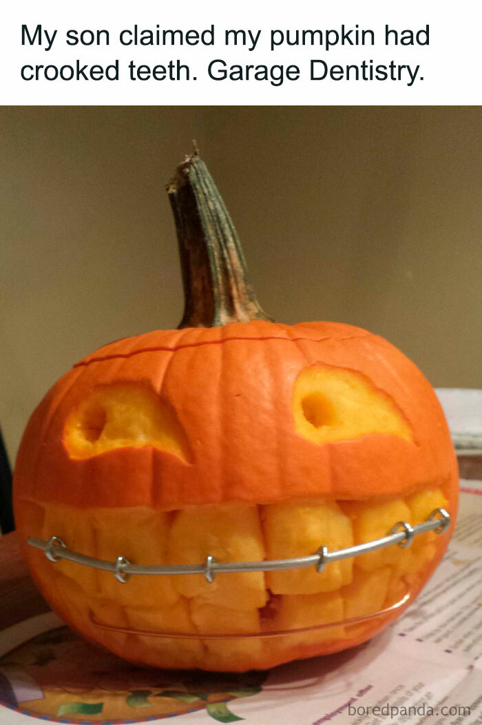 Pumpkin with a carved face and braces, capturing a freakishly hilarious Halloween meme.