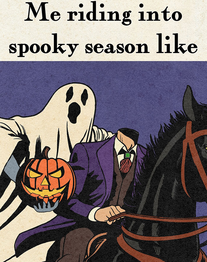 Headless horseman holding a pumpkin with a ghost, capturing a freakishly hilarious Halloween vibe.