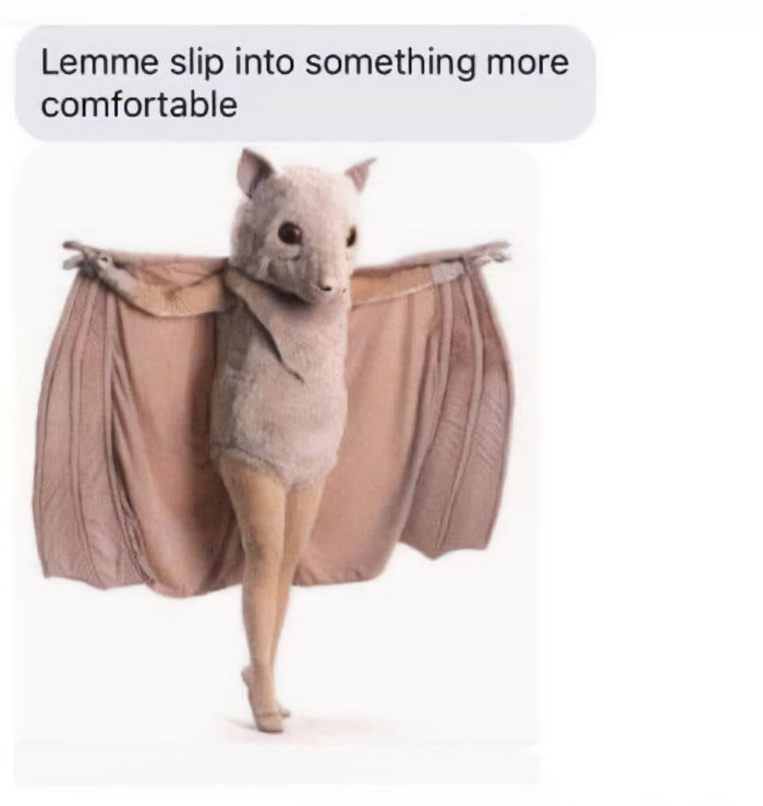 Person in a funny animal costume with outstretched wings, showcasing a humorously awkward Halloween meme.