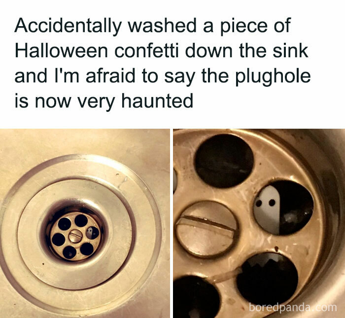 Halloween meme showing a sink drain with ghost confetti trapped inside, playfully described as "haunted".