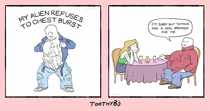 Comic panels by ToothyBj featuring dark humor about an alien chest bursting and tattoos as a deal breaker in dating.