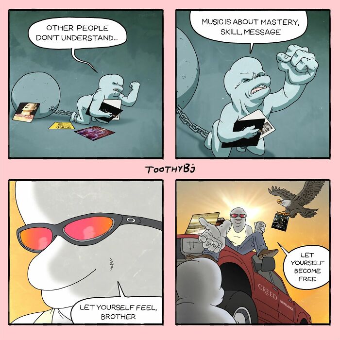 Comic panels by ToothyBj featuring dark humor, music mastery, and themes of freedom and self-expression.