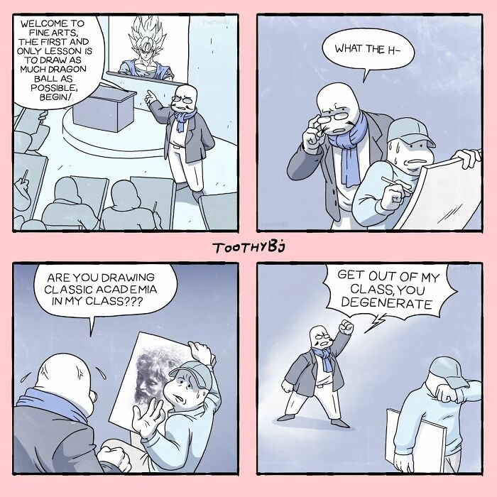 Comic panels by ToothyBj showing a dark humor art class focused on drawing Dragon Ball characters exclusively.