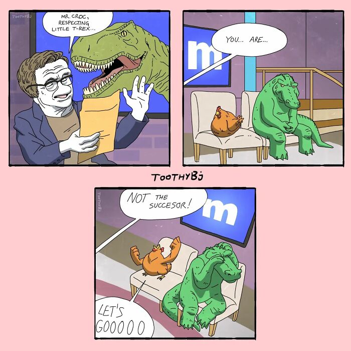 Comic panels by ToothyBj featuring a crocodile and a chicken with dark humor in a humorous interview setting.