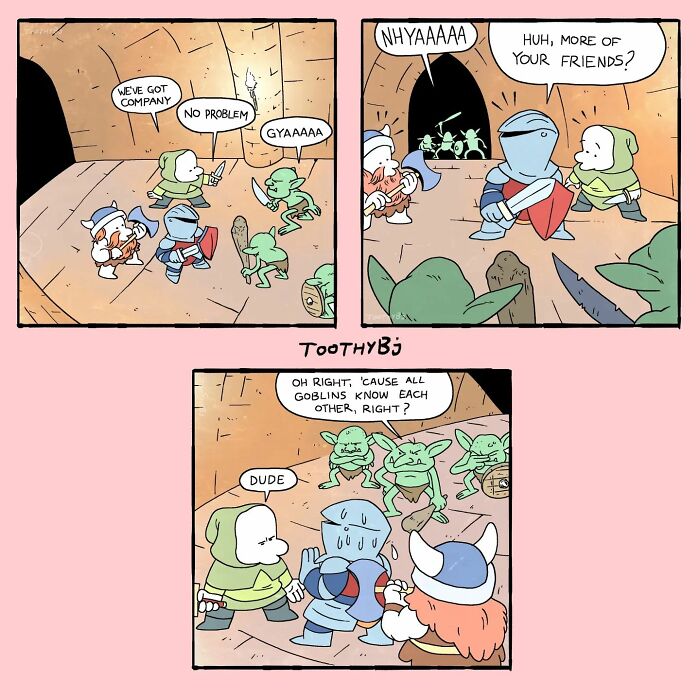 Comic panels showing adventurers encountering goblins in a cave, featuring dark humor style by ToothyBj.