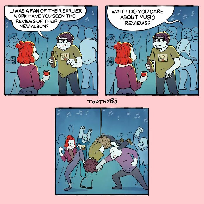 Comic panels showing a dark humor scene at a party with a music review debate turning into a fight.