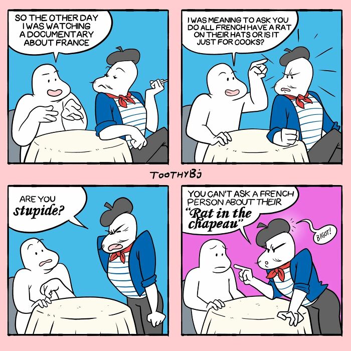 Comic strip by ToothyBj featuring a dark sense of humor with characters discussing French stereotypes in a humorous way.