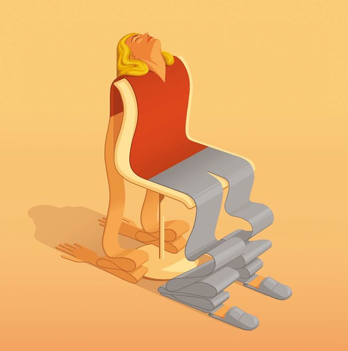 Surreal illustration by Stephan Schmitz showing a person melting into a chair with folded pants and slippers on the ground.