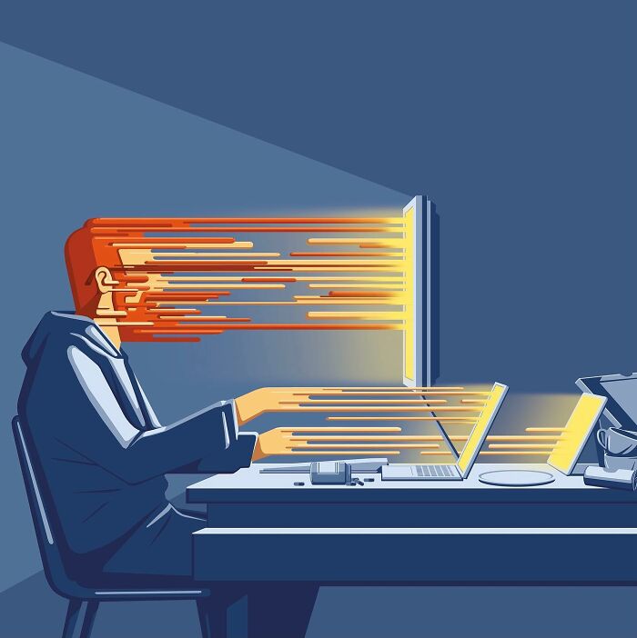 Digital illustration by Stephan Schmitz showing a man at a desk with fast-moving light beams from his head to a screen.