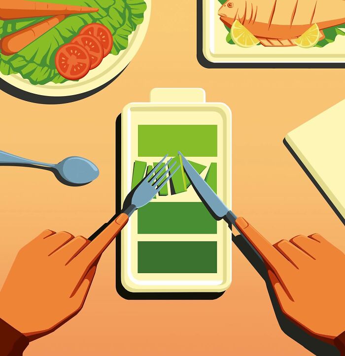 Hands cutting a battery-shaped plate with fork and knife, a powerful illustration by Stephan Schmitz to provoke thought.